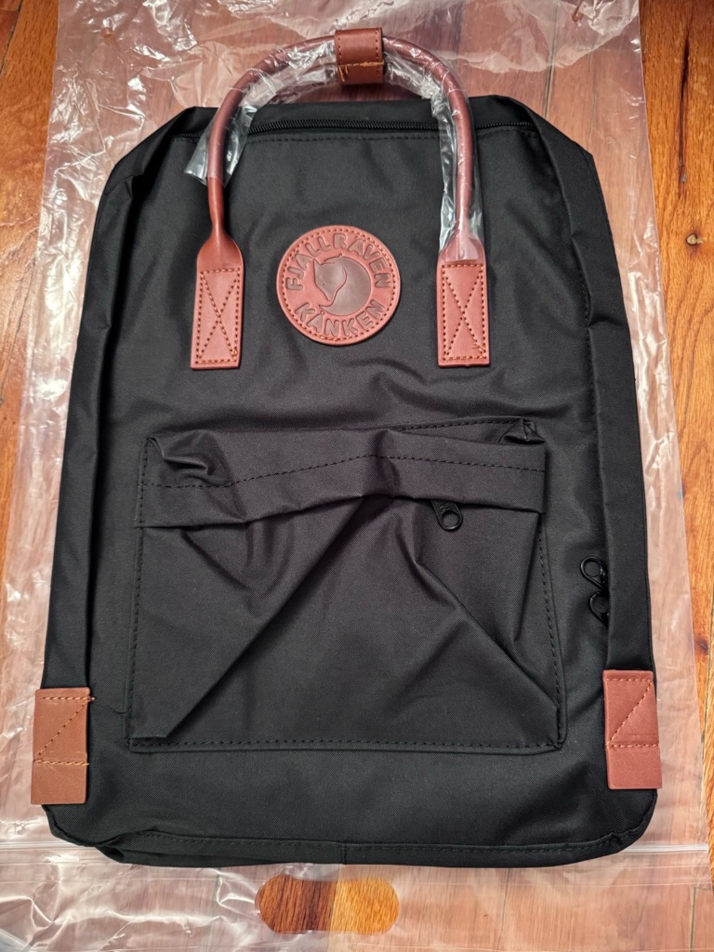 Fjallraven Kanken Style Black Backpack with Brown Leather Accents